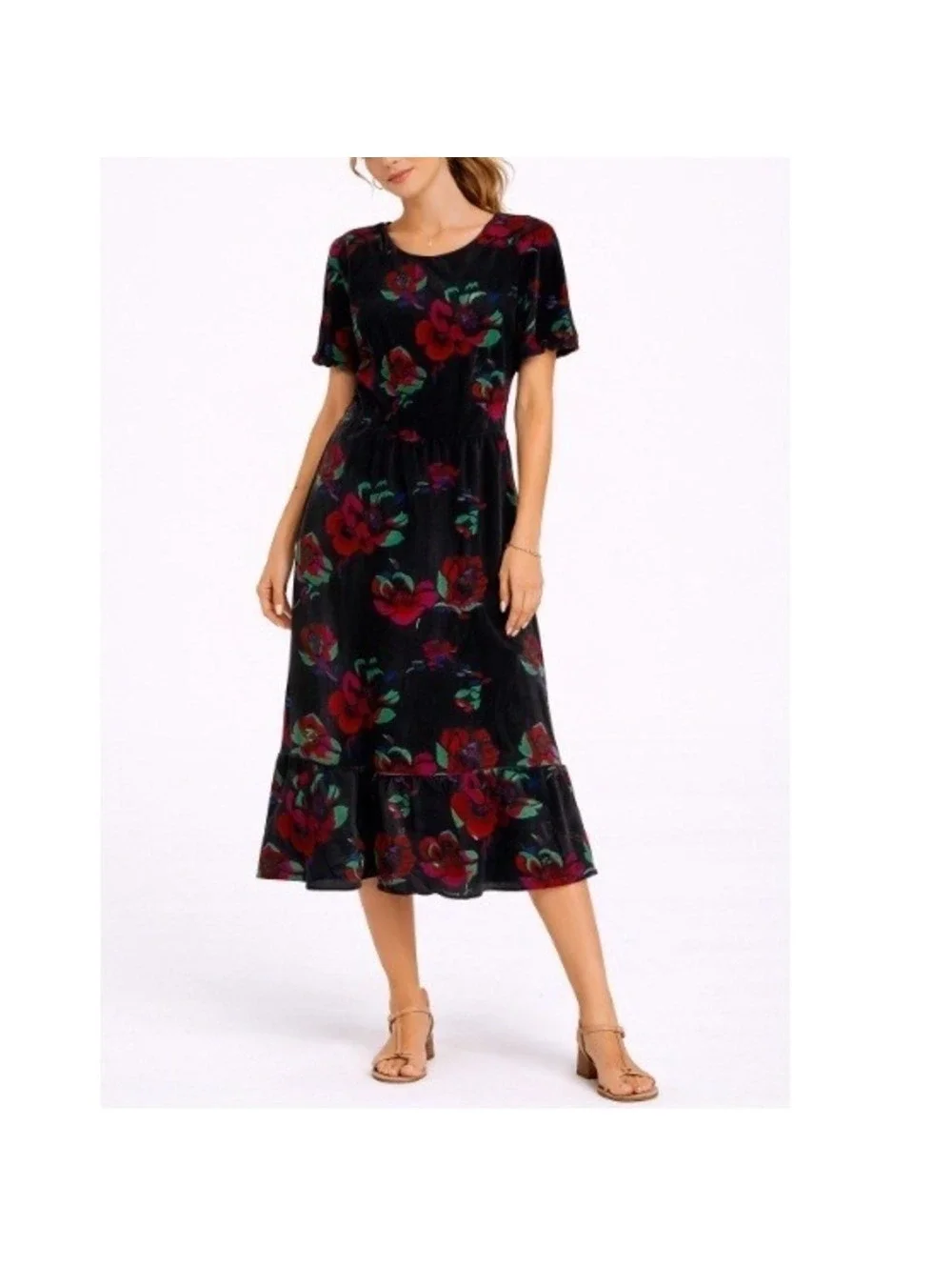 J. Crew Women's Black Raspberry Floral Short Sleeve Velvet Flutter Dress Size 8